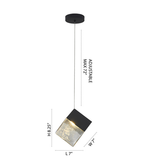 Bethel International 1 Light in Black Cubed Pendant With A Clear Distorted Glass Shade Model: GL445P8BK