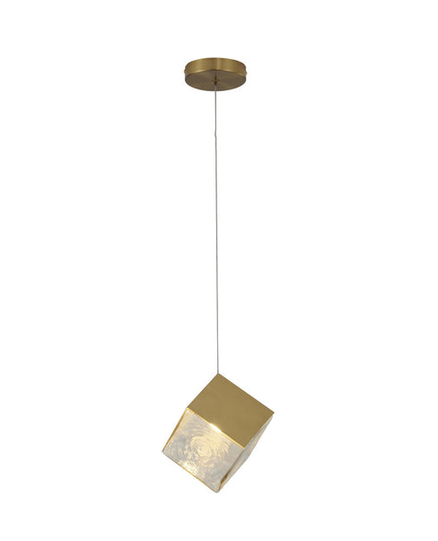 Bethel International 1 Light in Brass Cubed Pendant With A Clear Distorted Glass Shade Model: GL445P8BR