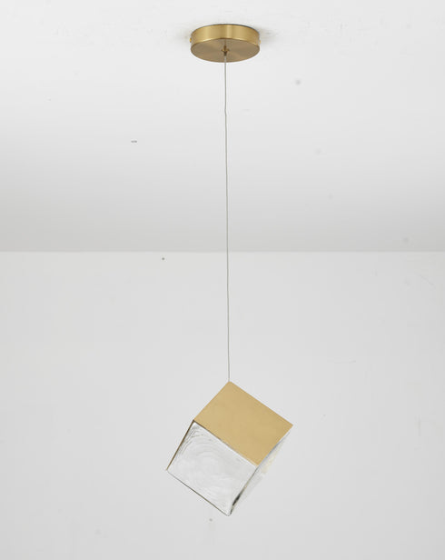 Bethel International 1 Light in Brass Cubed Pendant With A Clear Distorted Glass Shade Model: GL445P8BR