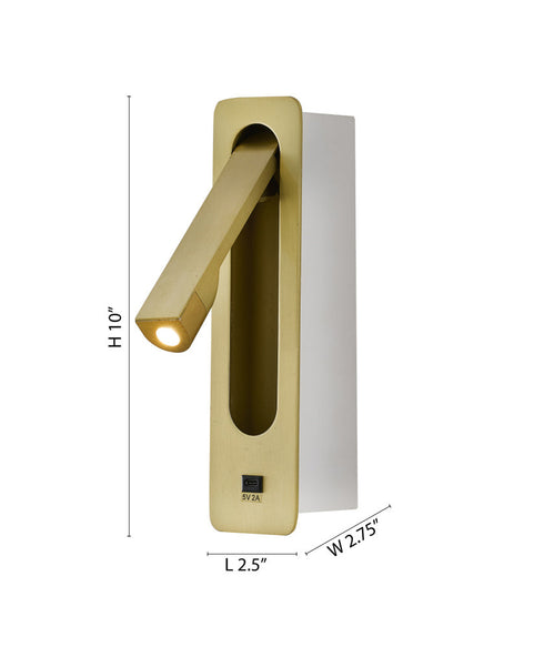 Bethel International 1 Light in Satin Brass Metal LED Wall Sconce With One USB Port And A Clear Frosted Lens Model: BTG104BR