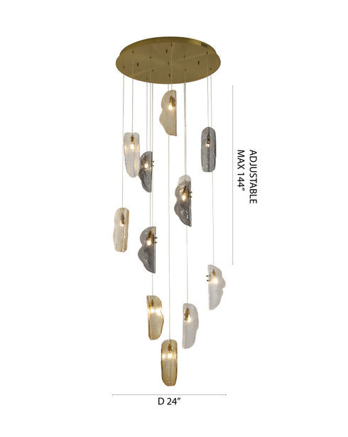 Bethel International 12 Light in Brass Chandelier With Clear Smoke And Amber Glass Accents Model: ZP144C24BR