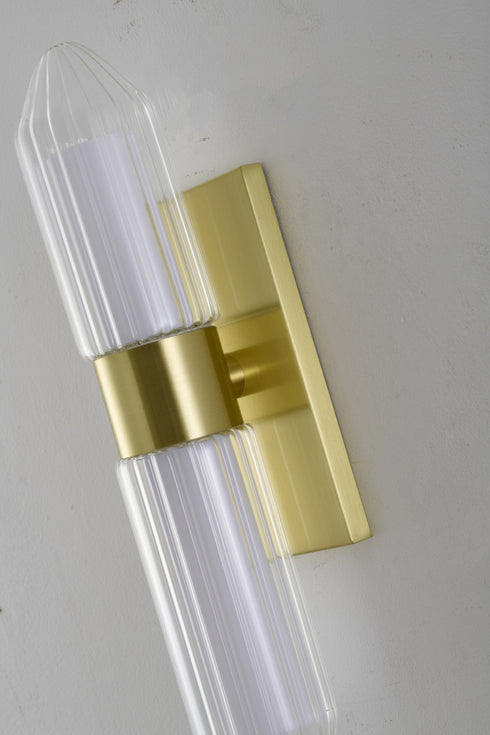 Bethel International 2 Light in Satin Brass Wall Sconce With Clear Glass And White Acrylic Shades Model: BLT101W18BR
