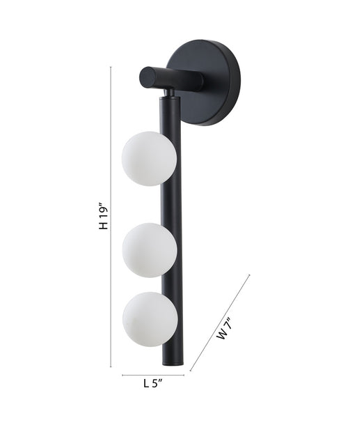 Bethel International 3 Light in Matte Black Metal Wall Sconce With White Glass Shades Model: WG02W19BLK