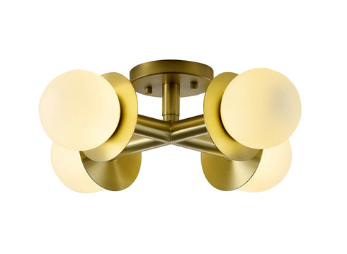 Bethel International 4 Light in Satin Brass Flush Mount With White Glass Globe Shades Model: BLT106C18BR