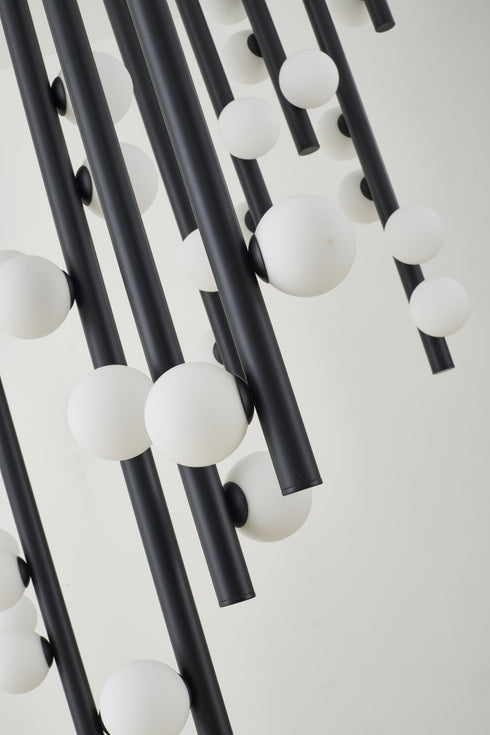 Bethel International 44 Light in Matte Black Metal Chandelier With White Glass Ball Shades Model: WG01C60BLK