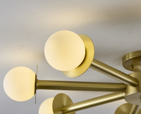 Bethel International 8 Light in Satin Brass Flush Mount With White Glass Globe Shades Model: BLT106C36BR