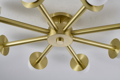 Bethel International 8 Light in Satin Brass Flush Mount With White Glass Globe Shades Model: BLT106C36BR