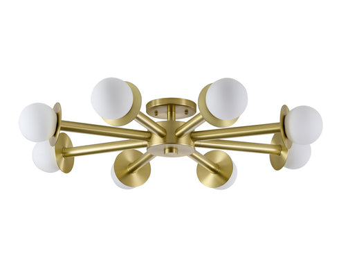 Bethel International 8 Light in Satin Brass Flush Mount With White Glass Globe Shades Model: BLT106C36BR