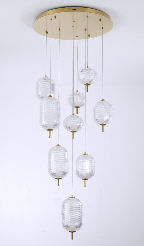 Bethel International 9 Light Flushed in Brass Dimmable LED Chandelier With Hanging Clear PC shades Model: GL454C24BR