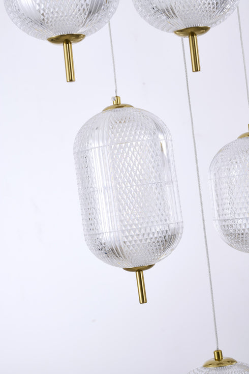 Bethel International 9 Light Flushed in Brass Dimmable LED Chandelier With Hanging Clear PC shades Model: GL454C24BR