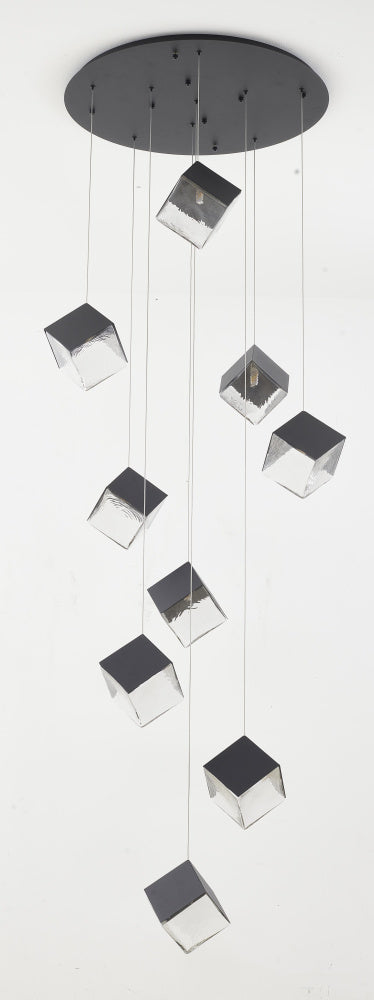 Bethel International 9 Light in Black Cubed Chandelier With A Clear Distorted Glass Shades Model: GL446C27BK