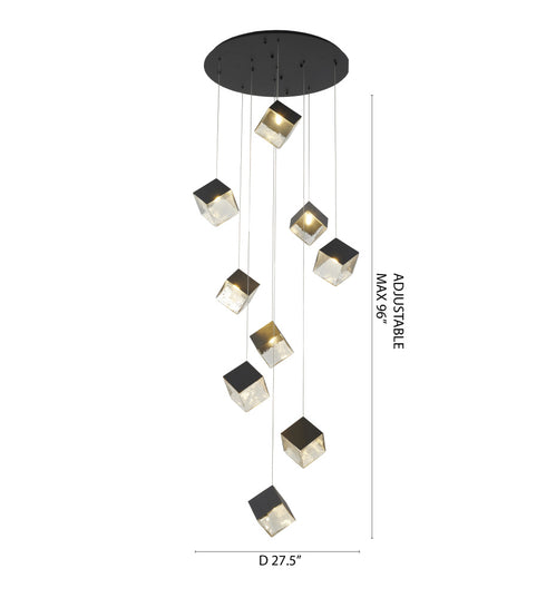 Bethel International 9 Light in Black Cubed Chandelier With A Clear Distorted Glass Shades Model: GL446C27BK