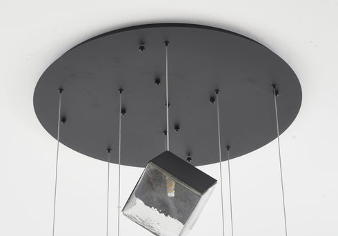 Bethel International 9 Light in Black Cubed Chandelier With A Clear Distorted Glass Shades Model: GL446C27BK