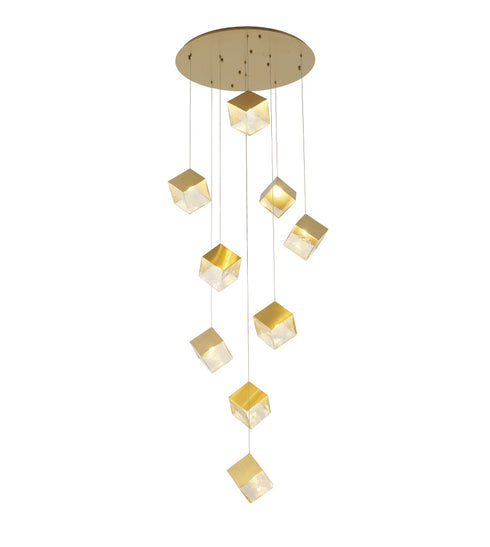 Bethel International 9 Light in Brass Cubed Chandelier With A Clear Distorted Glass Shades Model: GL446C27BR
