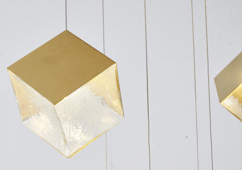 Bethel International 9 Light in Brass Cubed Chandelier With A Clear Distorted Glass Shades Model: GL446C27BR