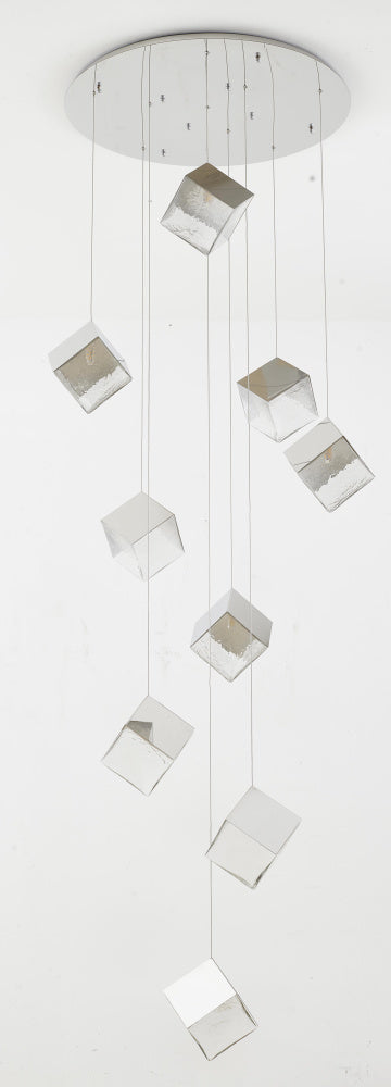 Bethel International 9 Light in Chrome Cubed Chandelier With A Clear Distorted Glass Shades Model: GL446C27CH