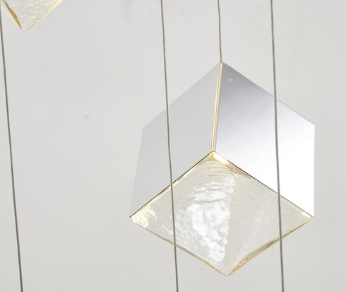 Bethel International 9 Light in Chrome Cubed Chandelier With A Clear Distorted Glass Shades Model: GL446C27CH