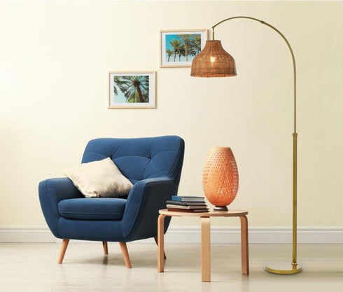 Elegant Lighting 1 Light Flos rattan dome shade floor lamp in brass Model: LD5104FL34BR