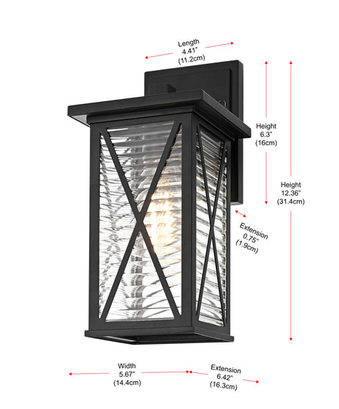 Elegant Lighting 1 Light Jada 12 inch Outdoor Wall sconce in Black in Black and Clear Finish Model: OD607W12BK