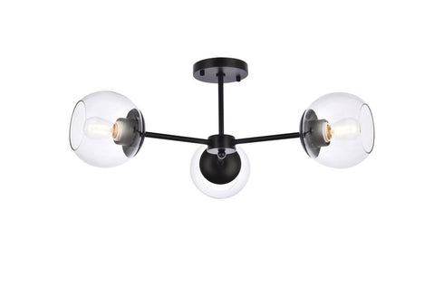 Elegant Lighting 3 Light Briggs 26 inch flush mount in black with clear shade in Black and Clear Finish Model: LD648F26BK