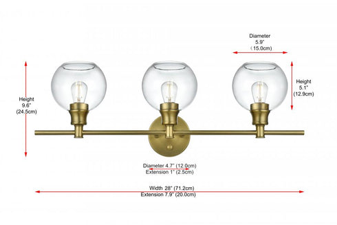 Elegant Lighting 3 Light Collier 3 Light in Satin Gold and Clear Glass Wall Sconce Model: LD2318SG