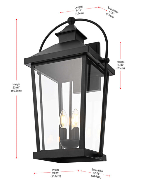 Elegant Lighting 3 Light Luz 24 inch Outdoor Wall sconce in Black in Black and Clear Finish Model: OD605W24BK