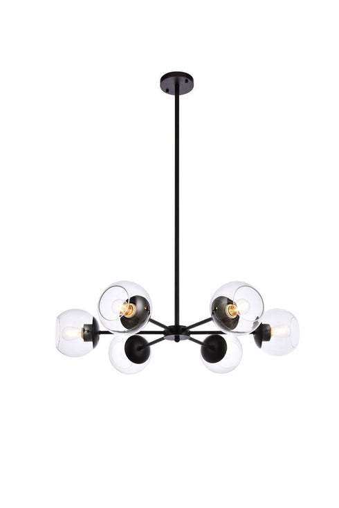 Elegant Lighting 6 Light Briggs 30 inch pendant in black with clear shade in Black and Clear Finish Model: LD644D30BK