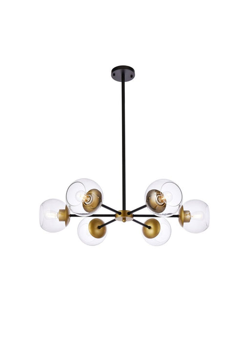Elegant Lighting 6 Light Briggs 30 inch pendant in black with clear shade in Black and Clear Finish Model: LD644D30BK
