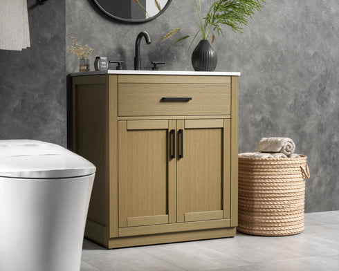 Elegant Lighting Alden Vanity Cabinet 2Dr1Dw 30 Inch W x 22 Inch D x 35 Inch H in Honey Brown Model: VF29730MHB
