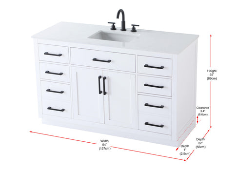 Elegant Lighting Alden Vanity Cabinet 2Dr7Dw 54 Inch W x 22 Inch D x 35 Inch H in White Model: VF29754WH
