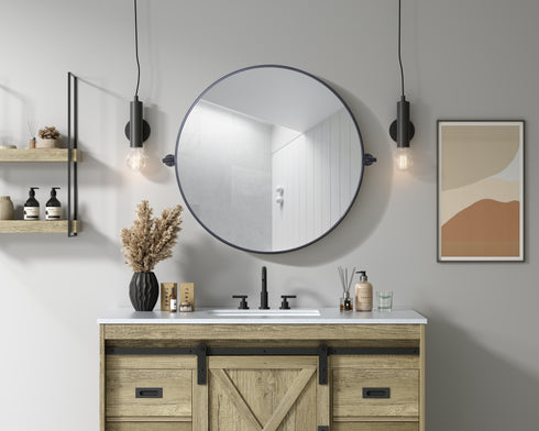 Elegant Lighting Amoura Metal Frame Round Mirror D30 Inch in Black Model: MR6G30BLK