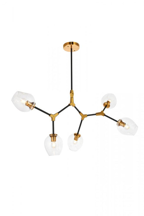 Elegant Lighting Cavoli 5 light in Light Antique Brass and Flat Black Pendant Model: 1712D42LAB