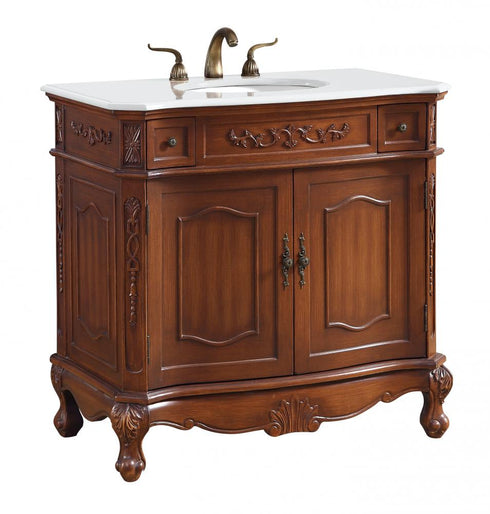 Elegant Lighting Danville 36 Inch Single Bathroom Vanity in Brown with Ivory White Engineered Marble in Teak Finish Model: VF10536BR-VW