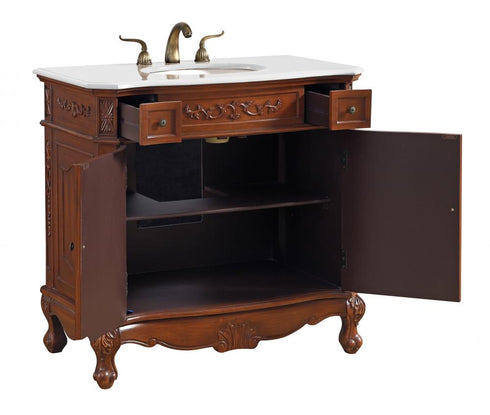 Elegant Lighting Danville 36 Inch Single Bathroom Vanity in Brown with Ivory White Engineered Marble in Teak Finish Model: VF10536BR-VW
