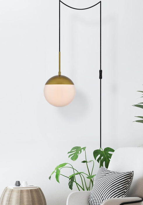 Elegant Lighting Eclipse 1 Light Brass plug in pendant With Frosted White Glass in Brass and Frosted White Finish Model: LDPG6030BR