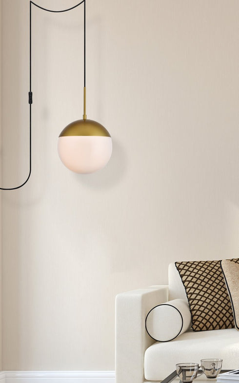 Elegant Lighting Eclipse 1 Light Brass plug in pendant With Frosted White Glass in Brass and Frosted White Finish Model: LDPG6036BR