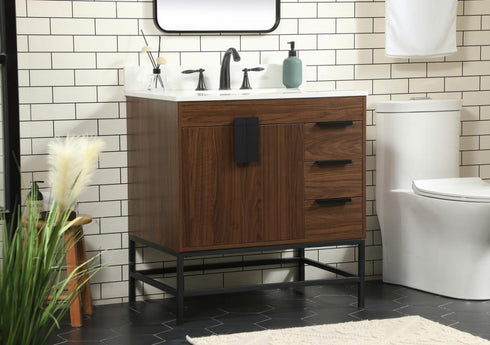 Elegant Lighting Eugene 32 Inch Single Bathroom Vanity in Walnut with Backsplash Model: VF48832MWT-BS
