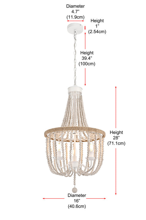 Elegant Lighting Jolie 3 Light Pendant D16 Inch H47 Inch White in Antique white Finish Model: LD306D16WH