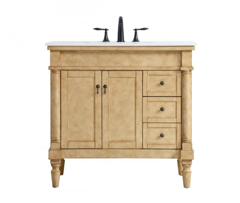 Elegant Lighting Lexington 36 Inch Single Bathroom Vanity in Antique Beige with Ivory White Engineered Marble in Antique Bronze Finish Model: VF13036AB-VW