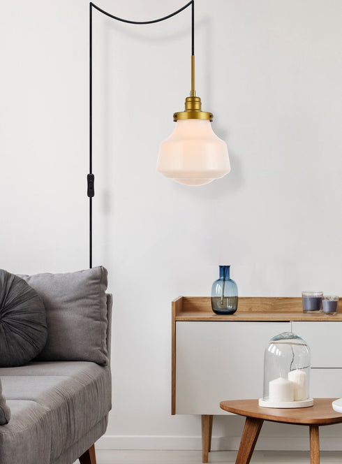 Elegant Lighting Lye Lyle 1 light Brass and frosted white glass plug in pendant Model: LDPG6257BR