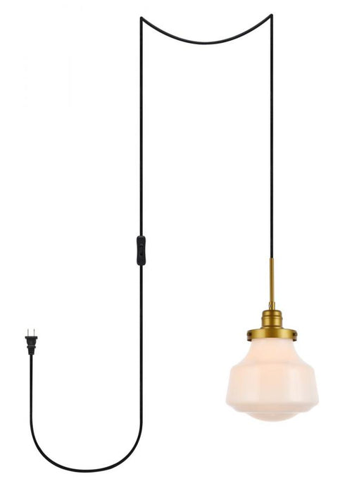 Elegant Lighting Lye Lyle 1 light Brass and frosted white glass plug in pendant Model: LDPG6257BR