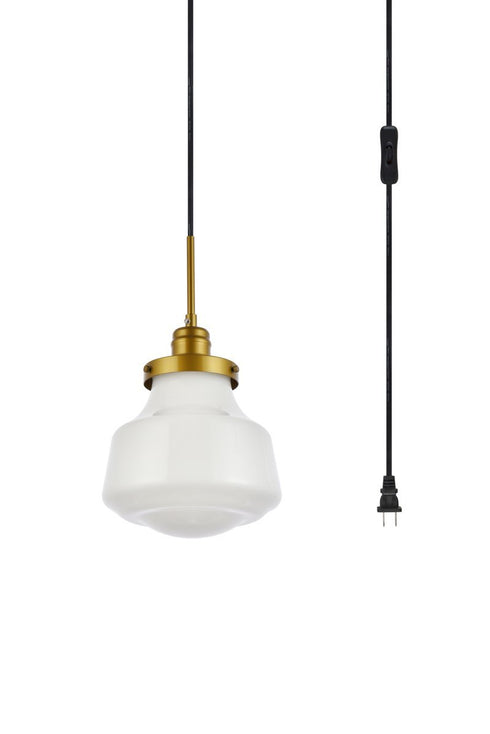 Elegant Lighting Lye Lyle 1 light Brass and frosted white glass plug in pendant Model: LDPG6257BR