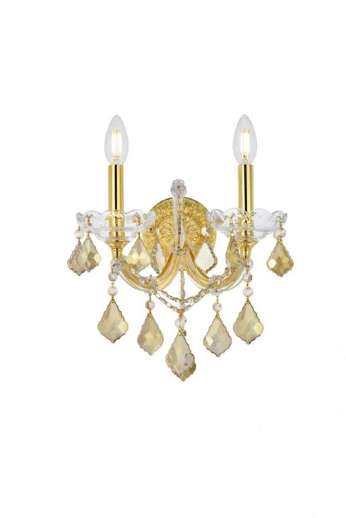 Elegant Lighting Maria Theresa 2 light in Chrome Wall Sconce Golden Teak (Smoky) Royal Cut Crystal Model: 2800W2C-GT/RC