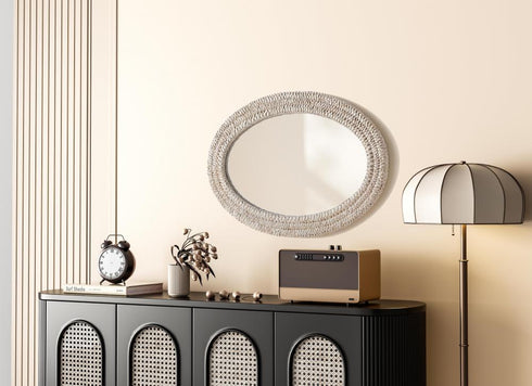 Elegant Lighting Marlowe Oval Cornhusk Mirror 24x36 Inch in Linen White Model: MR4C2436LN