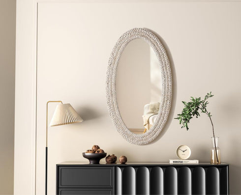 Elegant Lighting Marlowe Oval Cornhusk Mirror 24x42 Inch in Linen White Model: MR4C2442LN