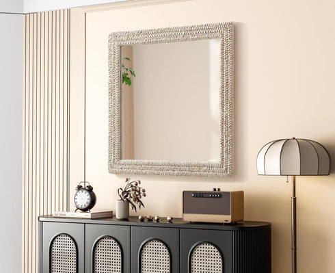 Elegant Lighting Marlowe Rectangle Cornhusk Mirror 36x36 Inch in Linen White Model: MR4A3636LN