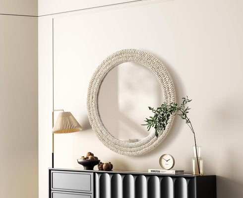 Elegant Lighting Marlowe Round Cornhusk Mirror 30x30 Inch in Linen White Model: MR4B30LN