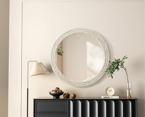 Elegant Lighting Marlowe Round Cornhusk Mirror 36x36 Inch in Linen White Model: MR4B36LN
