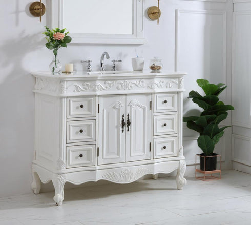 Elegant Lighting Oakland 42 Inch Single Bathroom Vanity in Antique White with Ivory White Engineered Marble Model: VF38842AW-VW