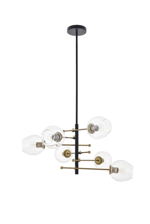 Elegant Lighting Paragon 6 light Matte Black and Brass Pendant in Matte Black and Brass and Clear Finish Model: LD5053D32BRB